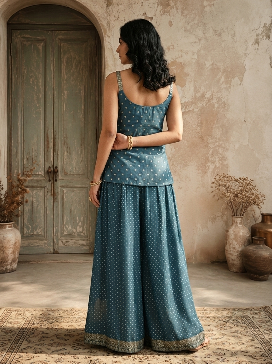 Peacock Tissue Floral Zari Embroidered Three Piece Set