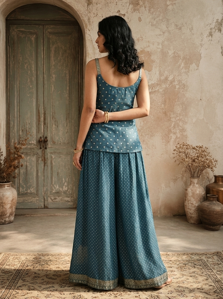 Peacock Tissue Floral Zari Embroidered Three Piece Set