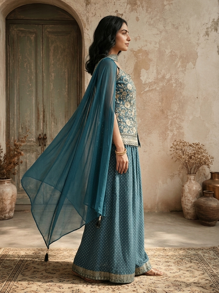 Peacock Tissue Floral Zari Embroidered Three Piece Set
