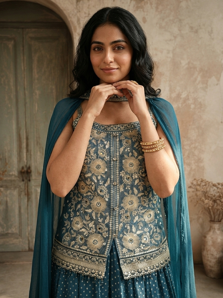 Peacock Tissue Floral Zari Embroidered Three Piece Set