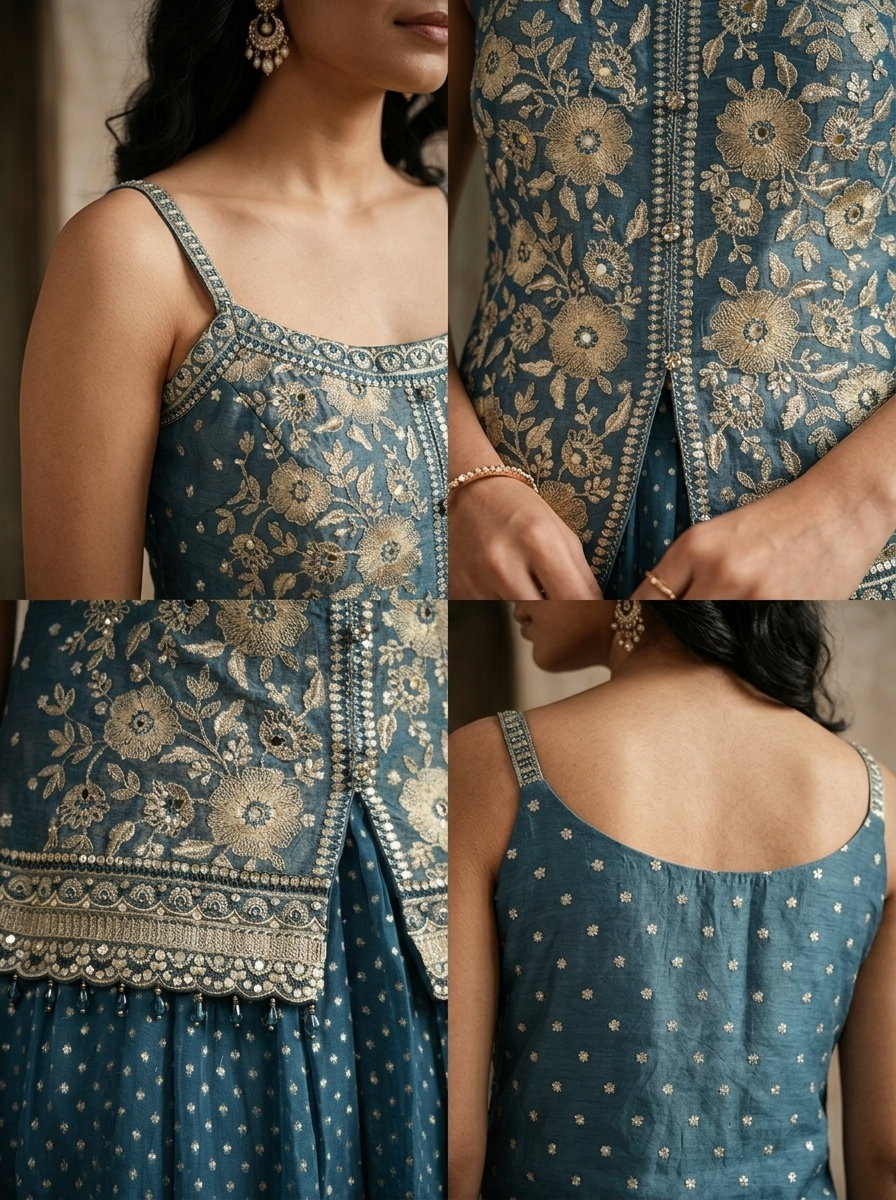 Peacock Tissue Floral Zari Embroidered Three Piece Set
