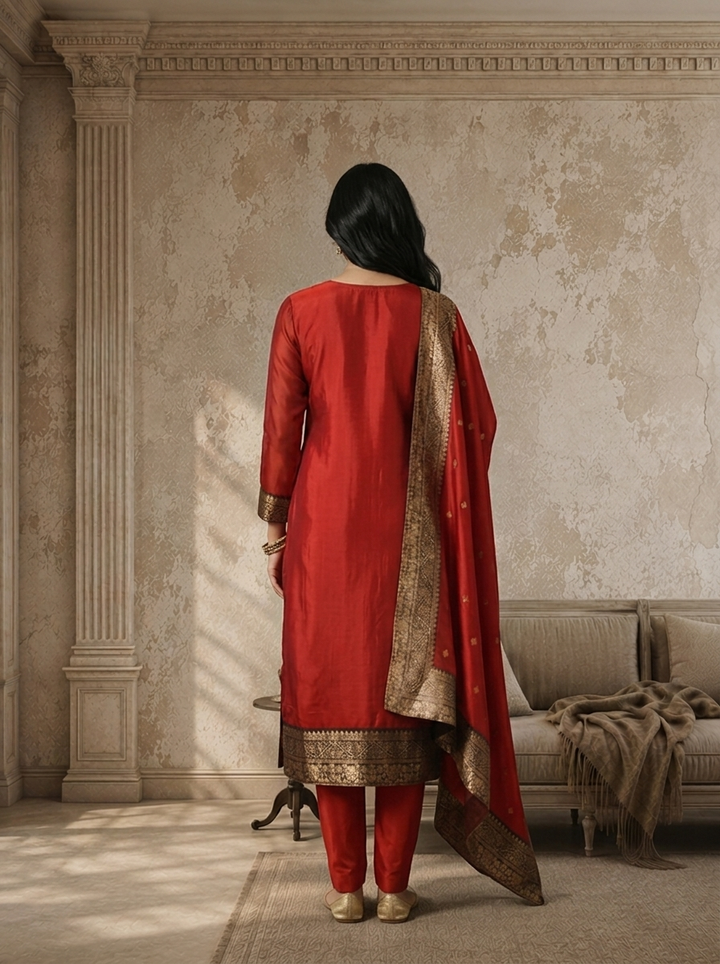 Maroon Silk Buti Weaved Three Piece Set