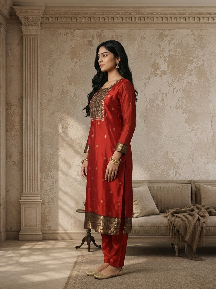 Maroon Silk Buti Weaved Three Piece Set