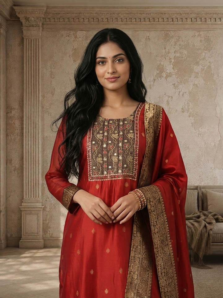 Maroon Silk Buti Weaved Three Piece Set