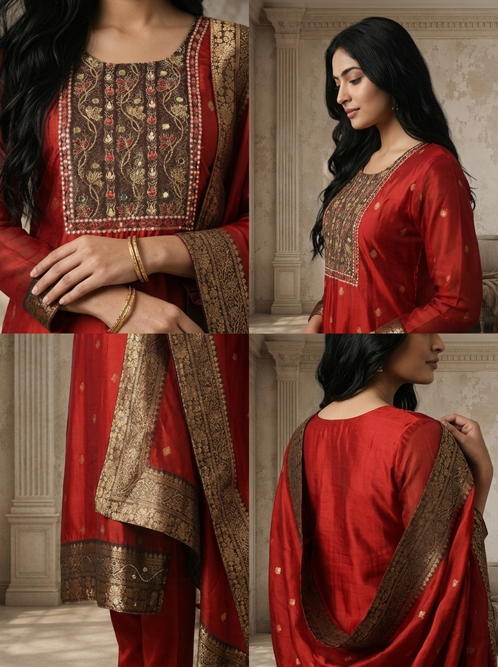 Maroon Silk Buti Weaved Three Piece Set