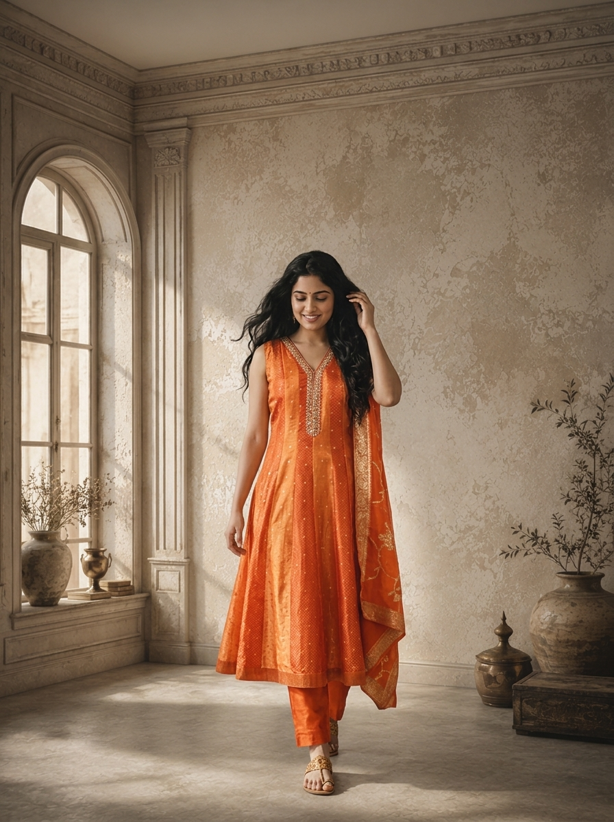 Rust Tissue Small Buti Weaved Three Piece Set