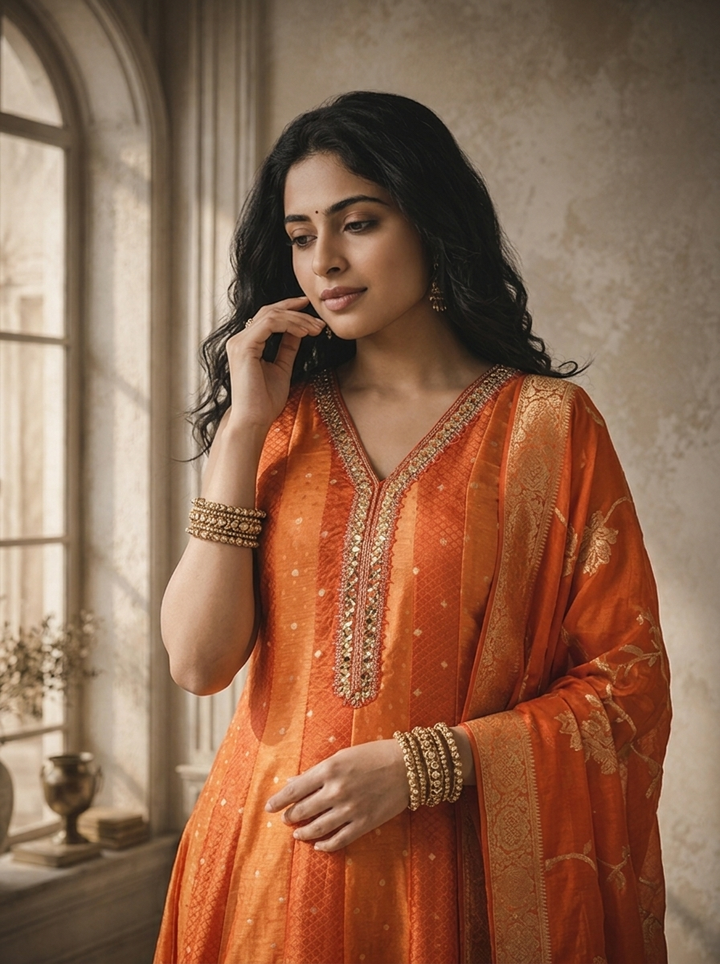 Rust Tissue Small Buti Weaved Three Piece Set