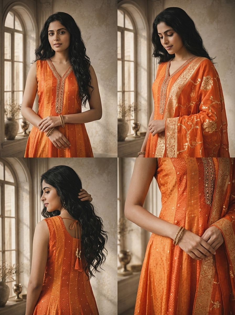 Rust Tissue Small Buti Weaved Three Piece Set