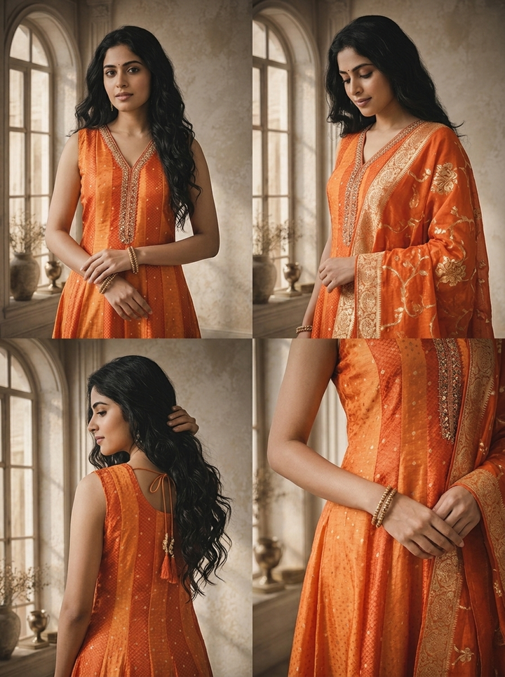 Rust Tissue Small Buti Weaved Three Piece Set