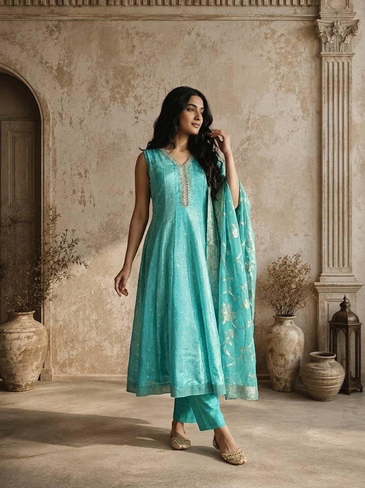 Sea Green Tissue Small Buti Weaved Three Piece Set