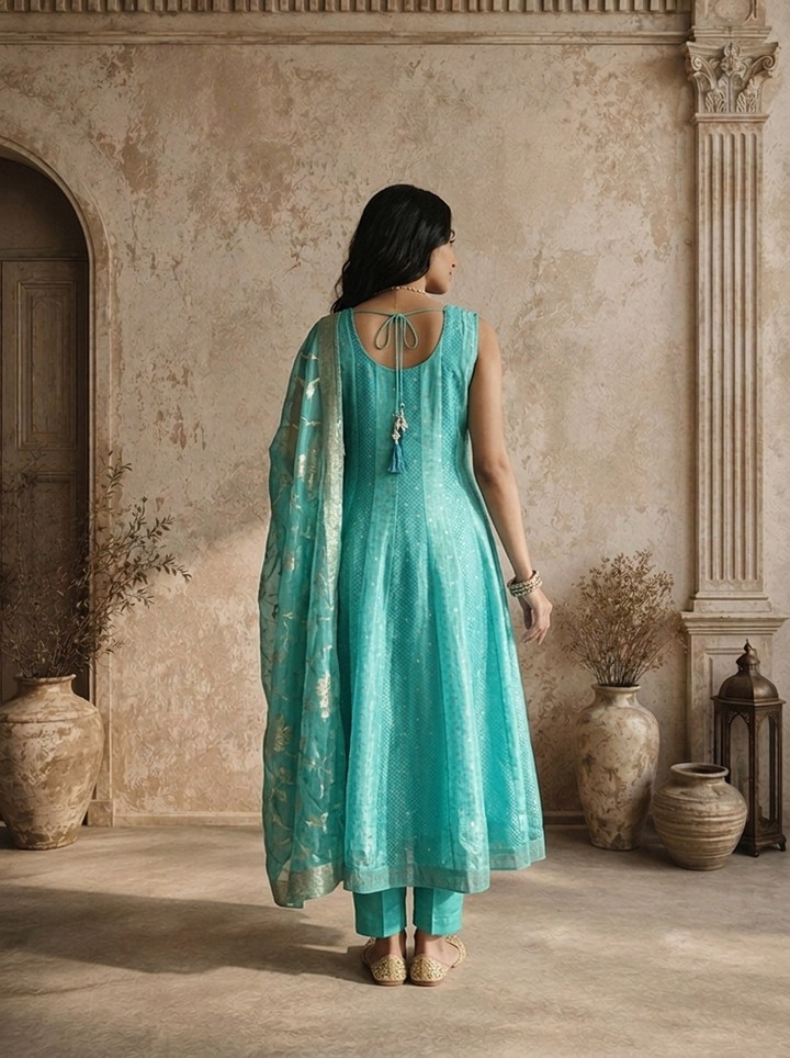 Sea Green Tissue Small Buti Weaved Three Piece Set