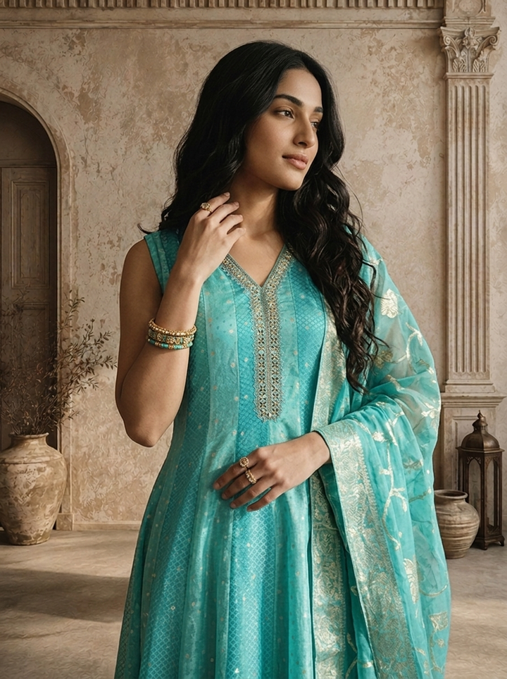 Sea Green Tissue Small Buti Weaved Three Piece Set