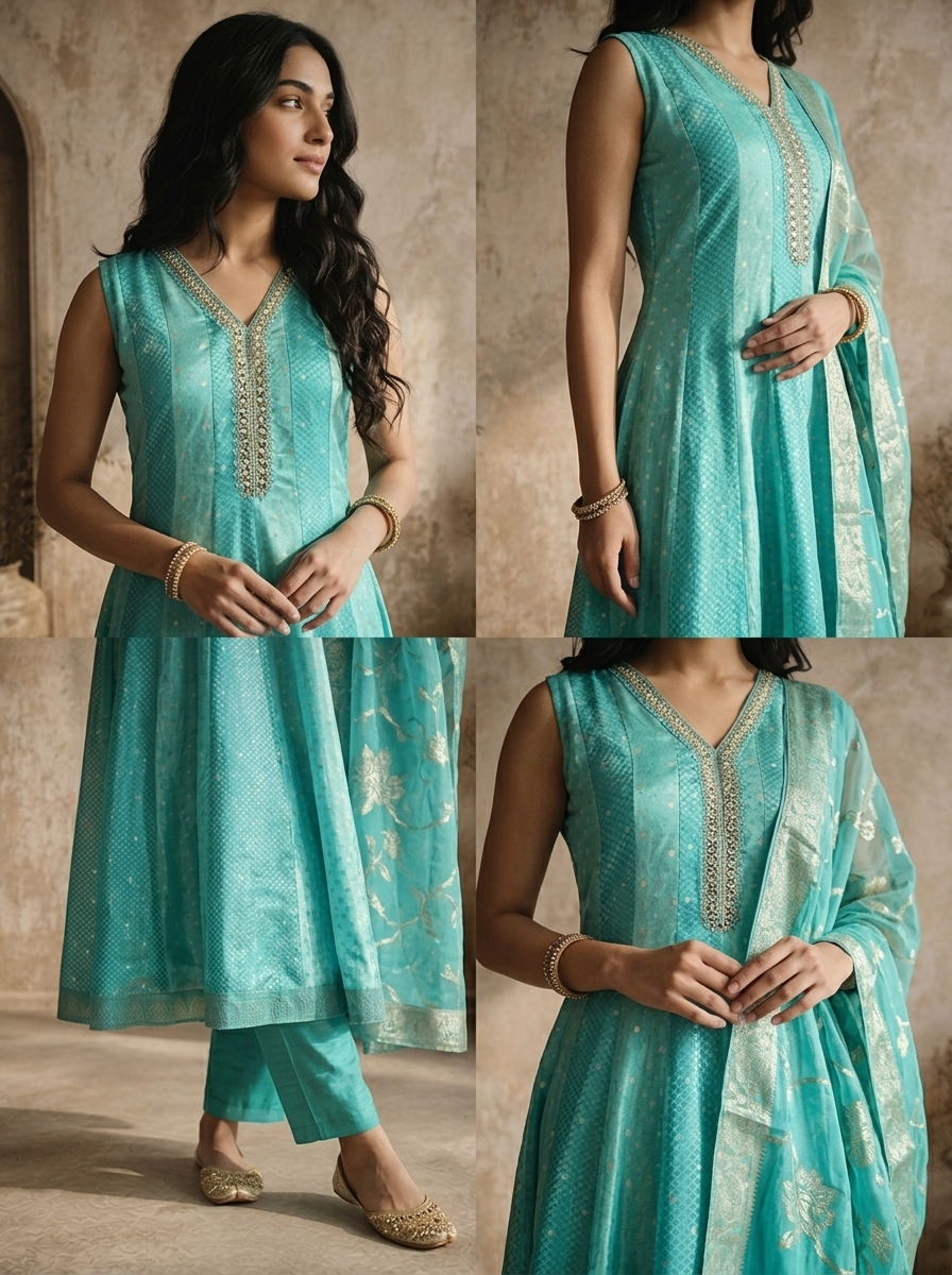 Sea Green Tissue Small Buti Weaved Three Piece Set