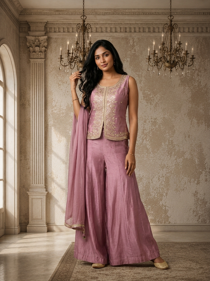 Lavender Chinon Zari Jaal Embroidered Three Piece Set