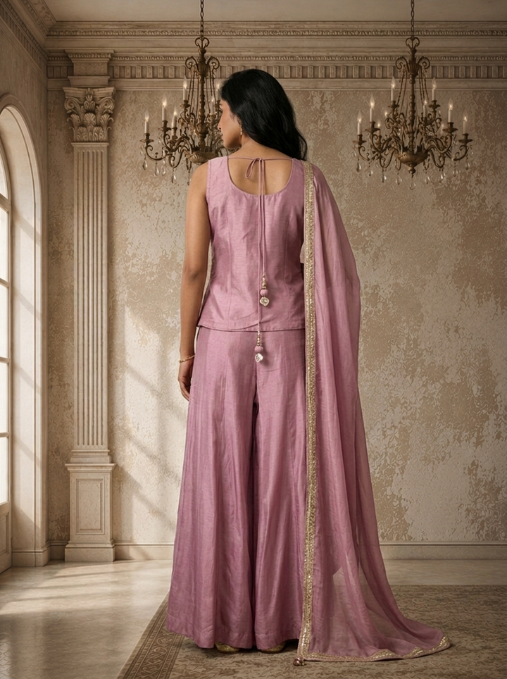 Lavender Chinon Zari Jaal Embroidered Three Piece Set