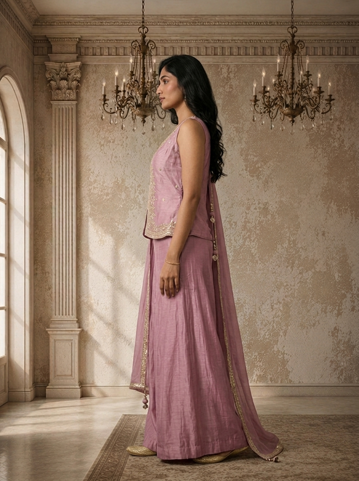 Lavender Chinon Zari Jaal Embroidered Three Piece Set