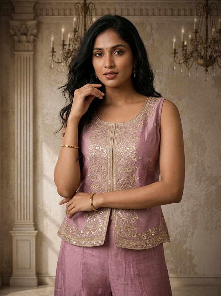 Lavender Chinon Zari Jaal Embroidered Three Piece Set