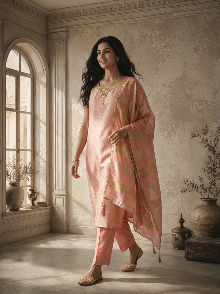 Onion Pink Banaras Floral Jaal Weaved Three Piece Set