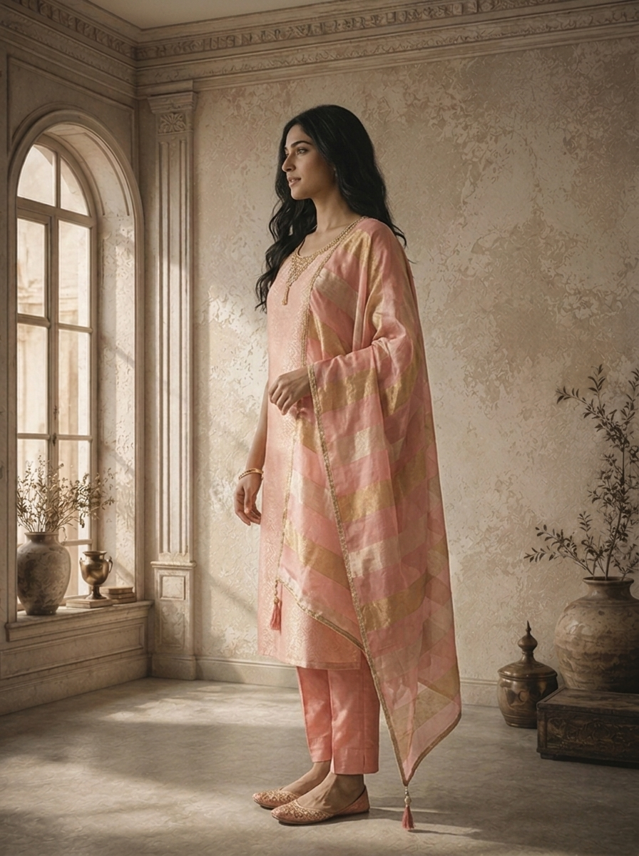 Onion Pink Banaras Floral Jaal Weaved Three Piece Set