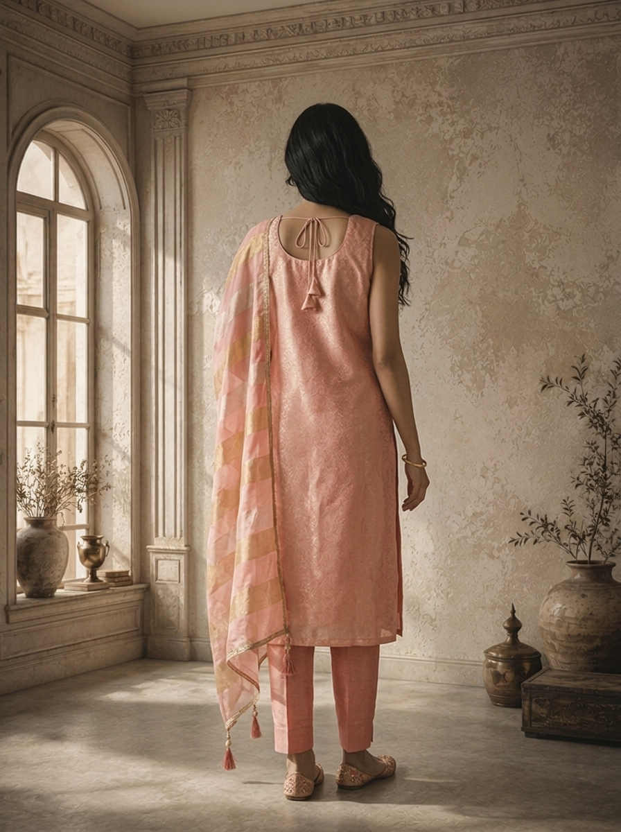 Onion Pink Banaras Floral Jaal Weaved Three Piece Set