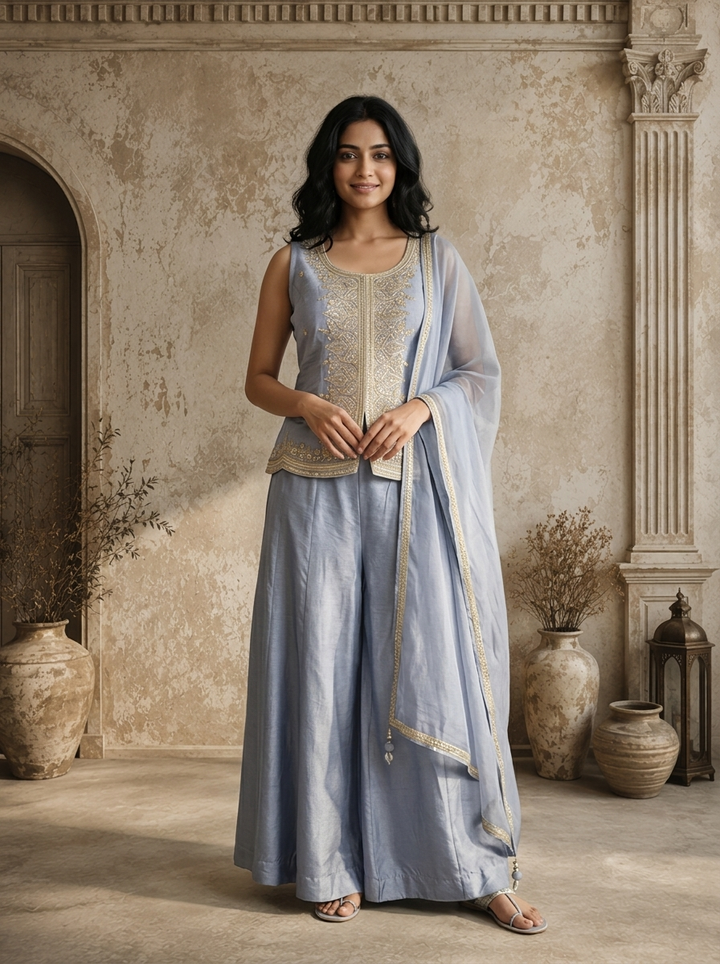 Ice Blue Chinon Zari Jaal Embroidered Three Piece Set
