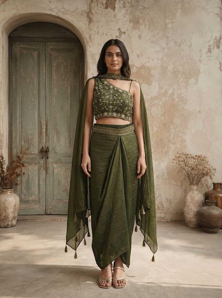 Bottle Green Tissue Floral Embroidered Three Piece Set