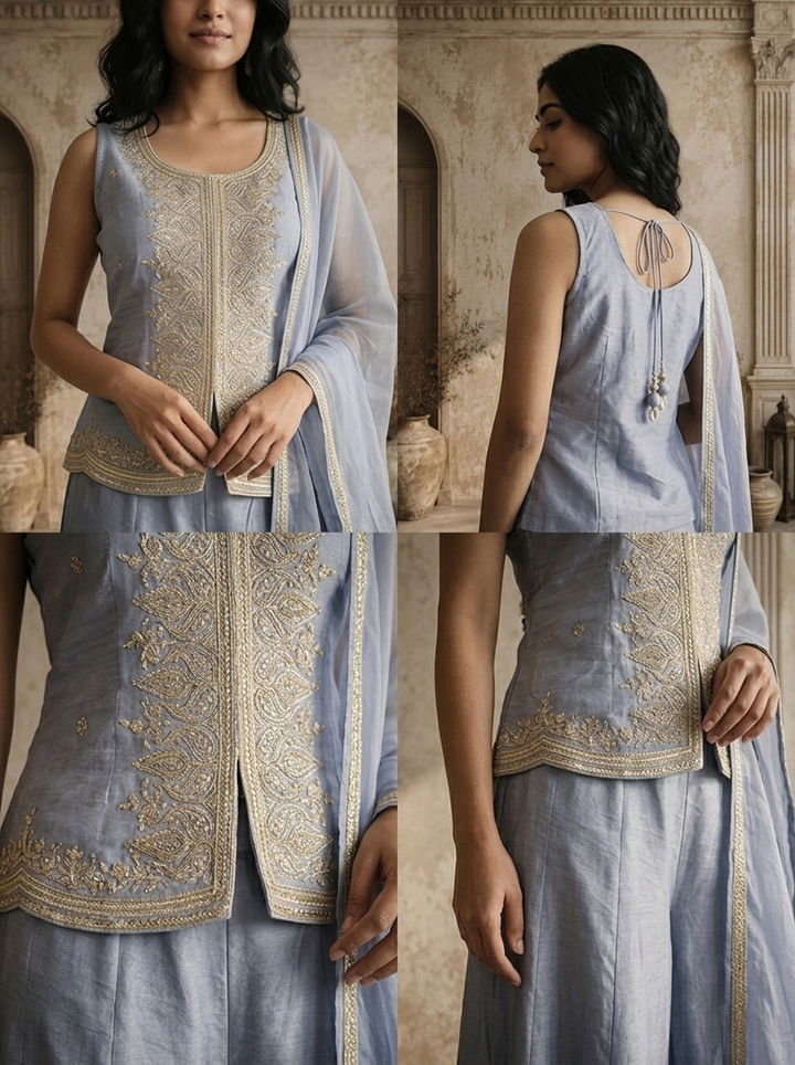 Ice Blue Chinon Zari Jaal Embroidered Three Piece Set