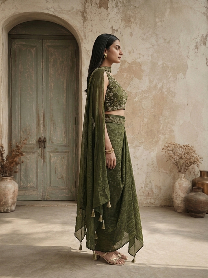 Bottle Green Tissue Floral Embroidered Three Piece Set