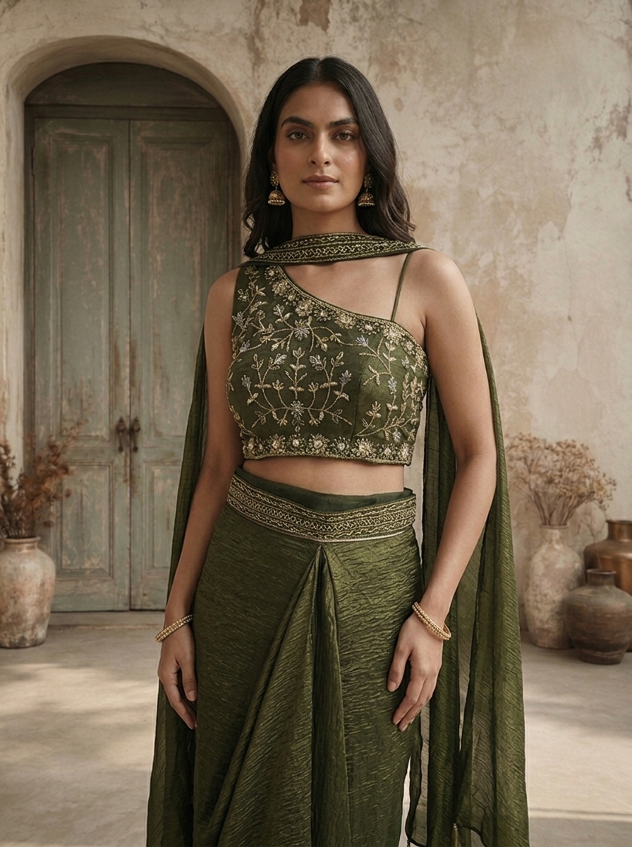 Bottle Green Tissue Floral Embroidered Three Piece Set
