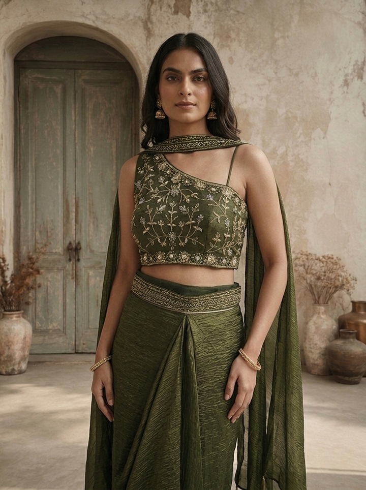 Bottle Green Tissue Floral Embroidered Three Piece Set