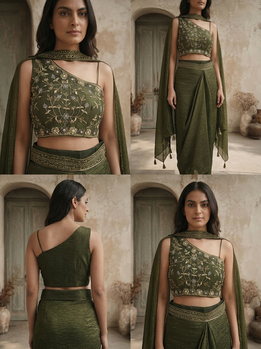 Bottle Green Tissue Floral Embroidered Three Piece Set