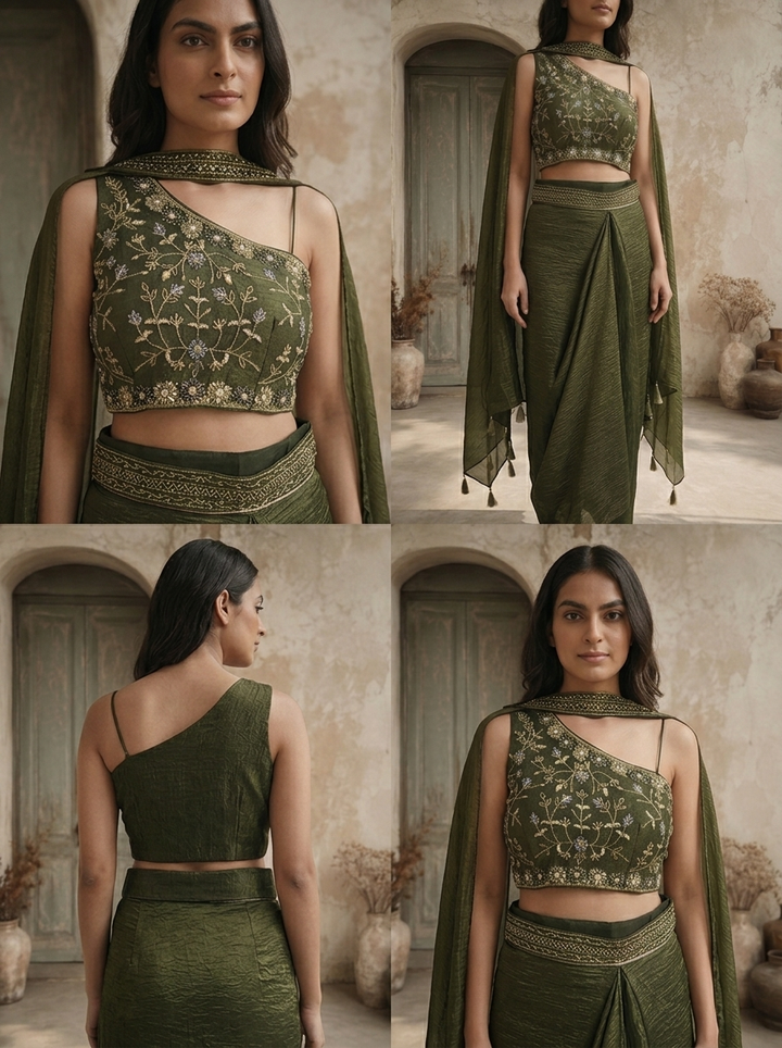 Bottle Green Tissue Floral Embroidered Three Piece Set