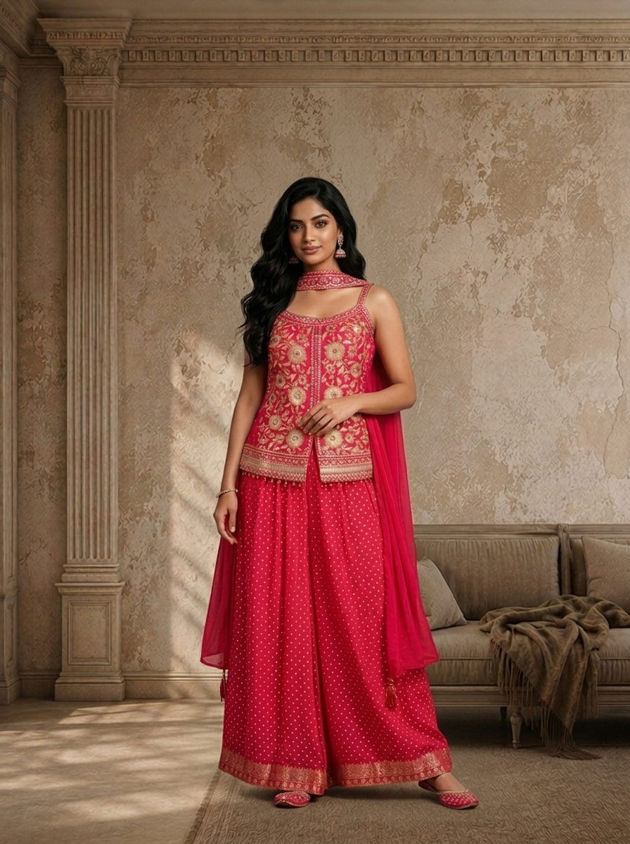 Pink Tissue Floral Zari Embroidered Three Piece Set