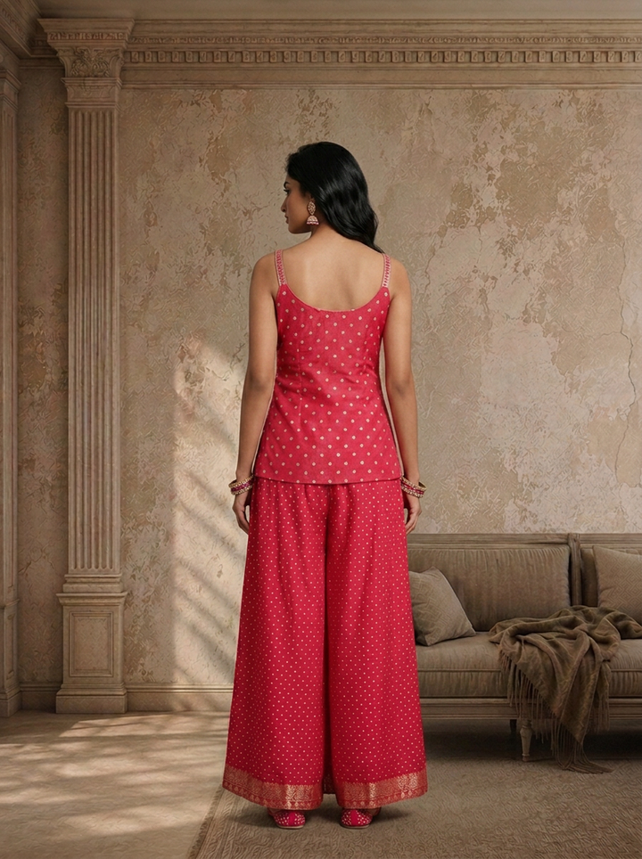 Pink Tissue Floral Zari Embroidered Three Piece Set