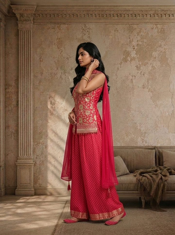 Pink Tissue Floral Zari Embroidered Three Piece Set