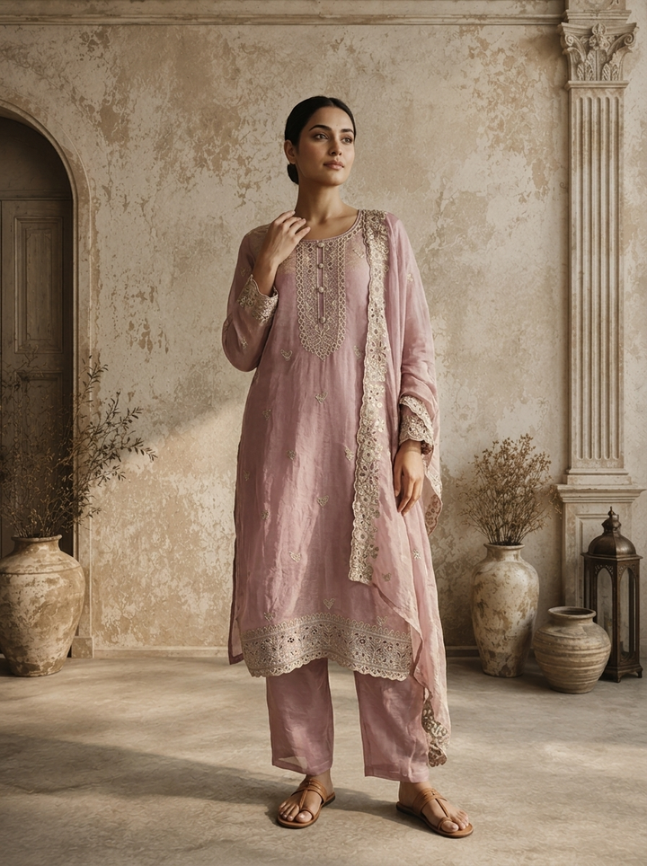 Lavender Tissue Floral Buti Embroidered Three Piece Set