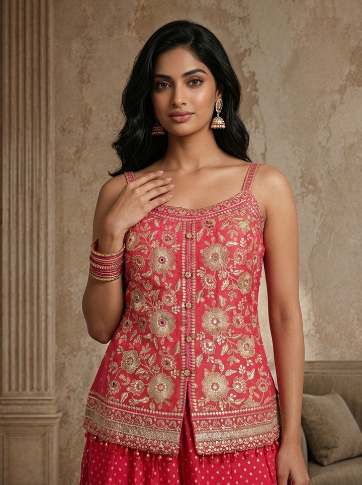 Pink Tissue Floral Zari Embroidered Three Piece Set