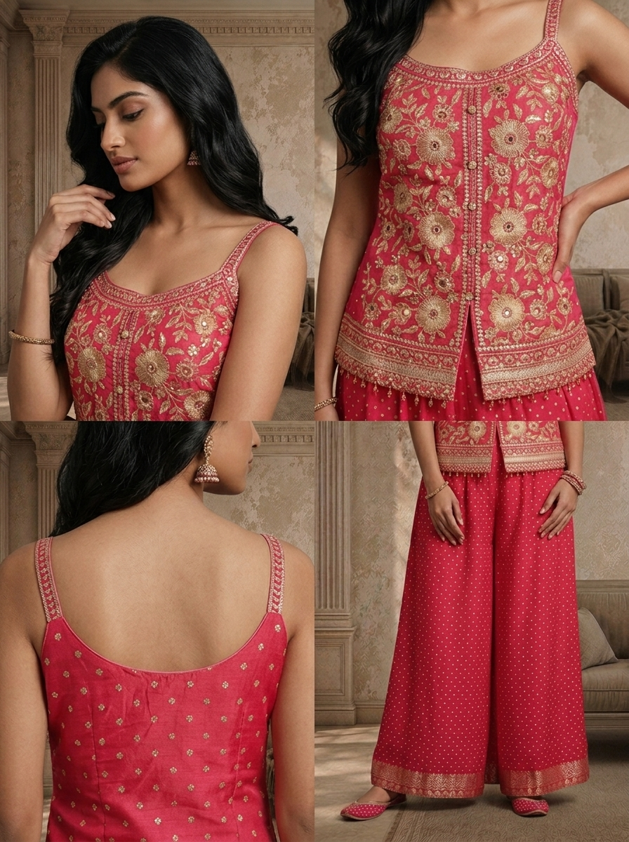 Pink Tissue Floral Zari Embroidered Three Piece Set