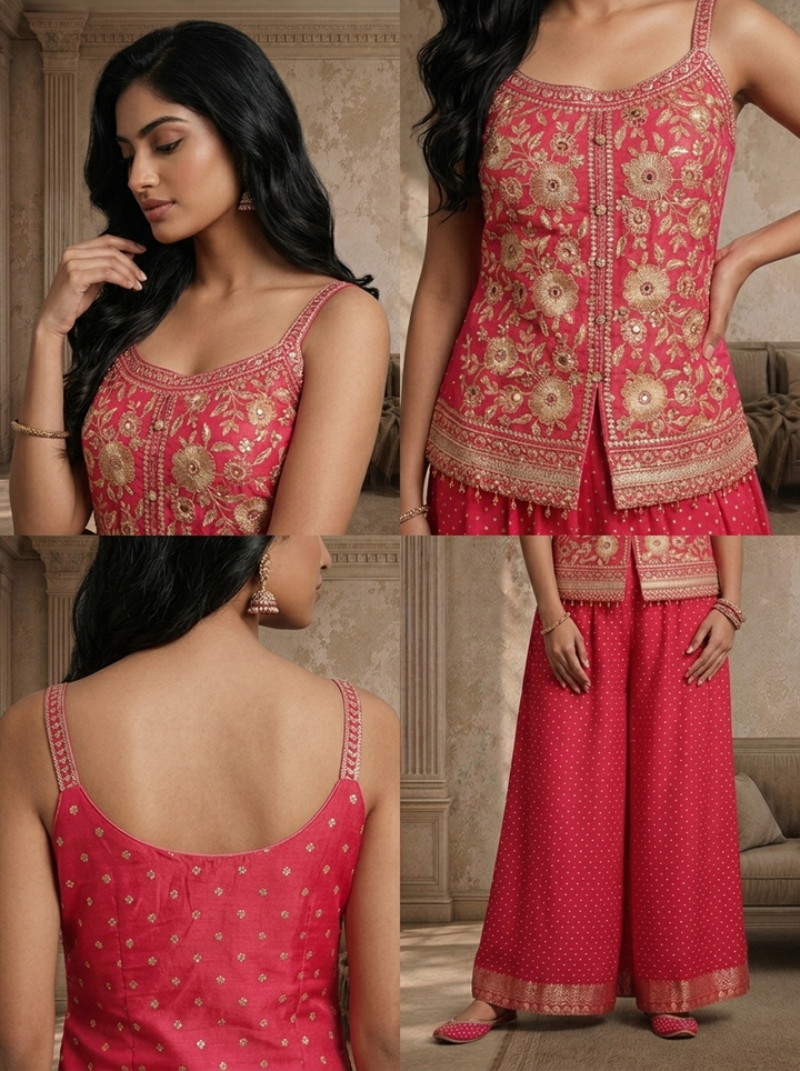 Pink Tissue Floral Zari Embroidered Three Piece Set