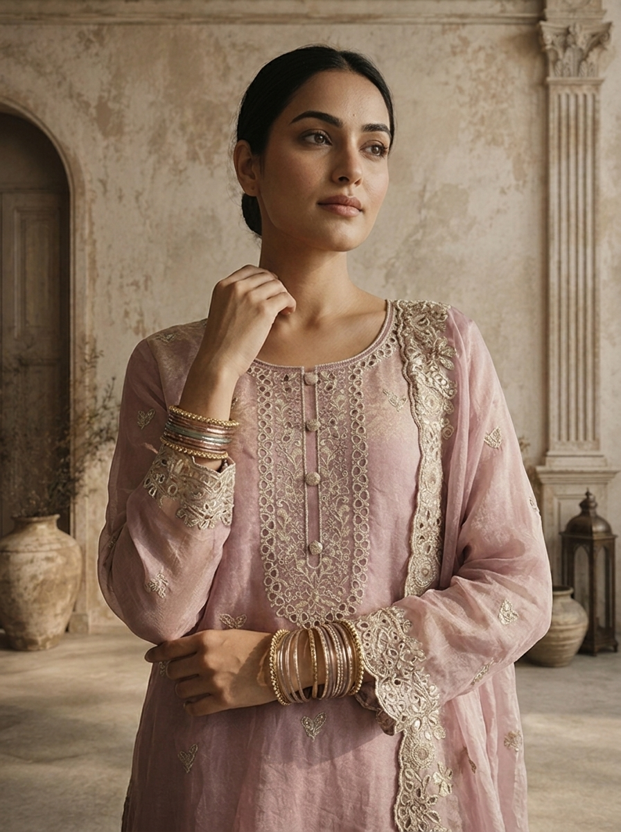 Lavender Tissue Floral Buti Embroidered Three Piece Set