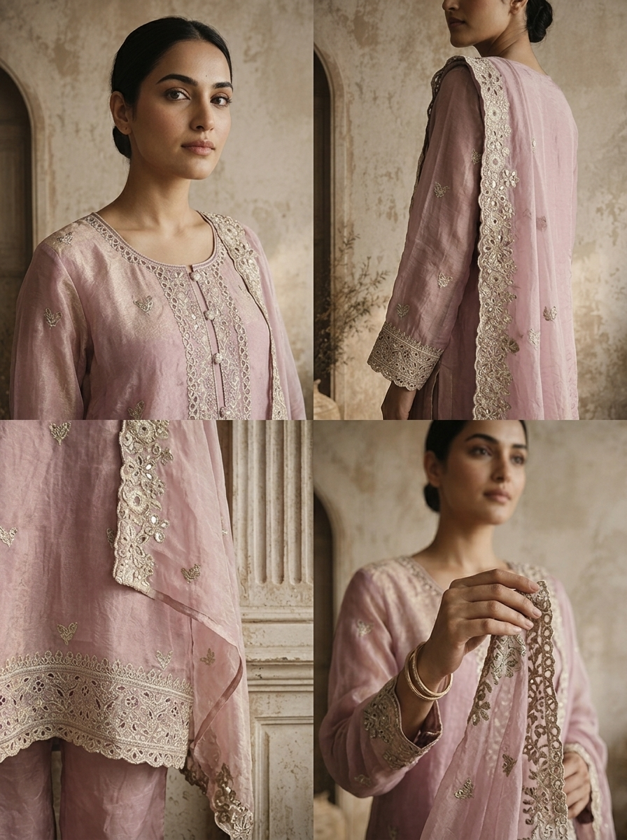 Lavender Tissue Floral Buti Embroidered Three Piece Set