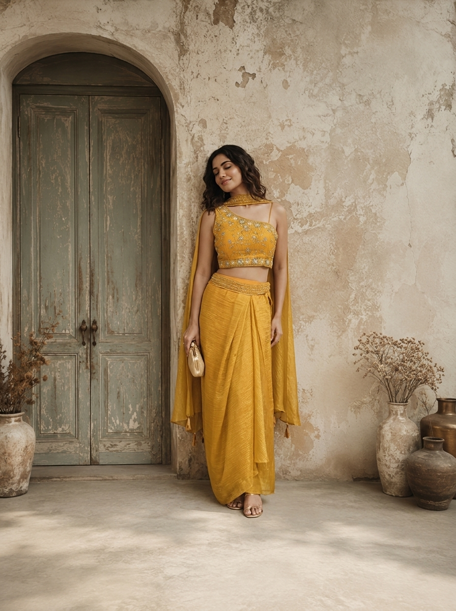 Mustard Tissue Floral Embroidered Three Piece Set