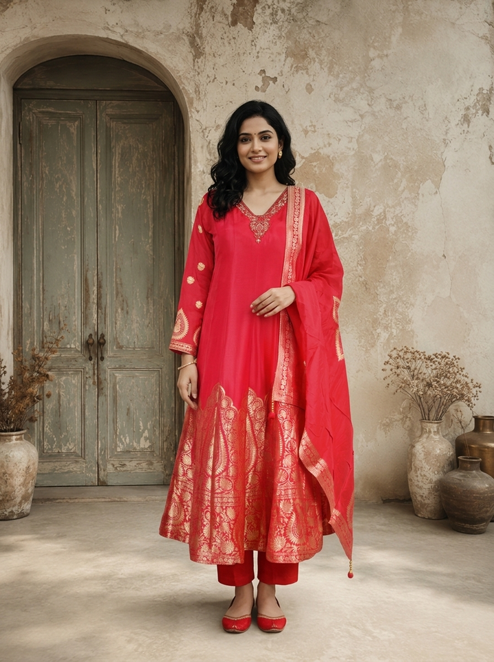 Rani Pink Silk Ethnic Weaved Three Piece Set