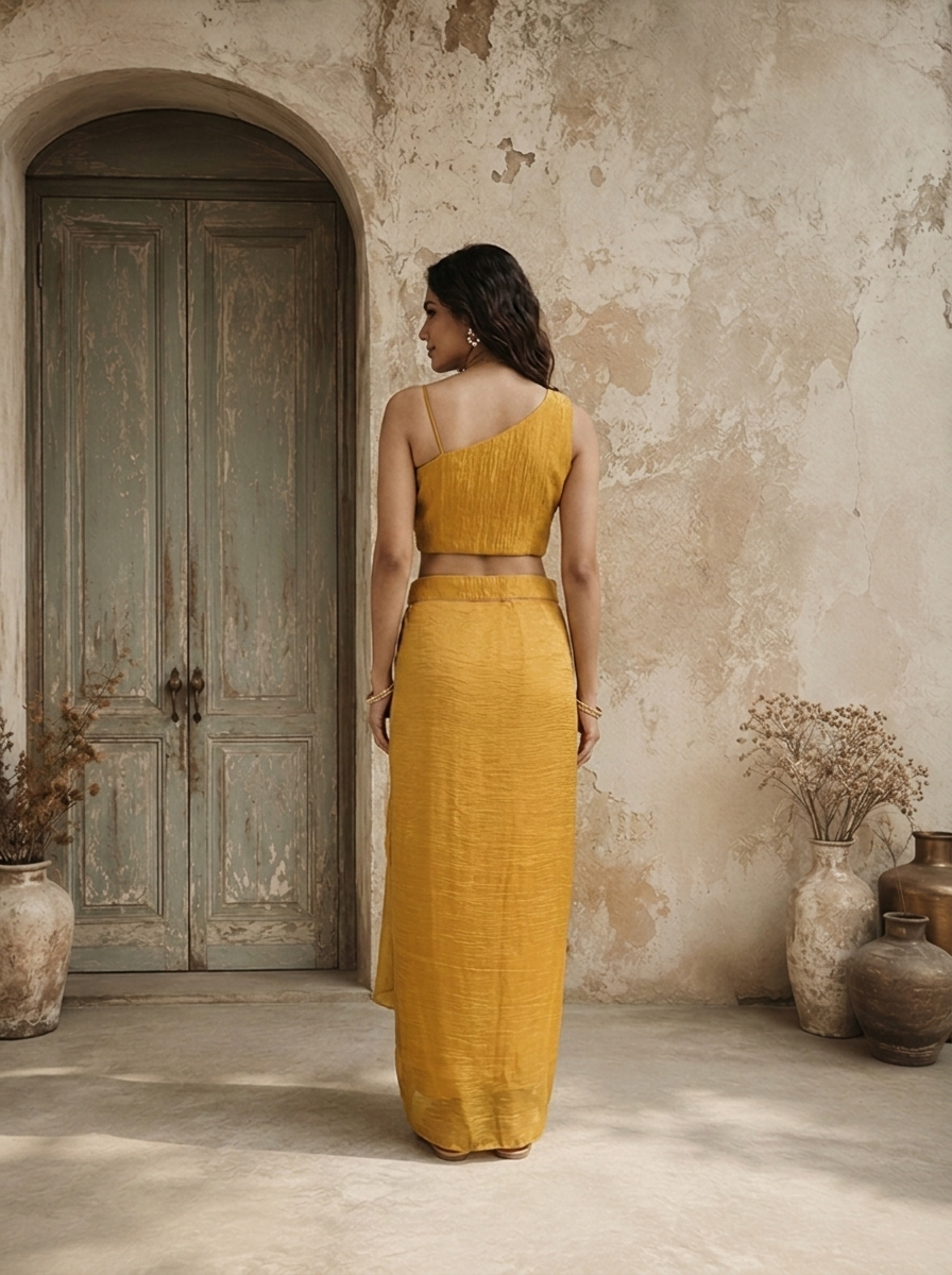 Mustard Tissue Floral Embroidered Three Piece Set