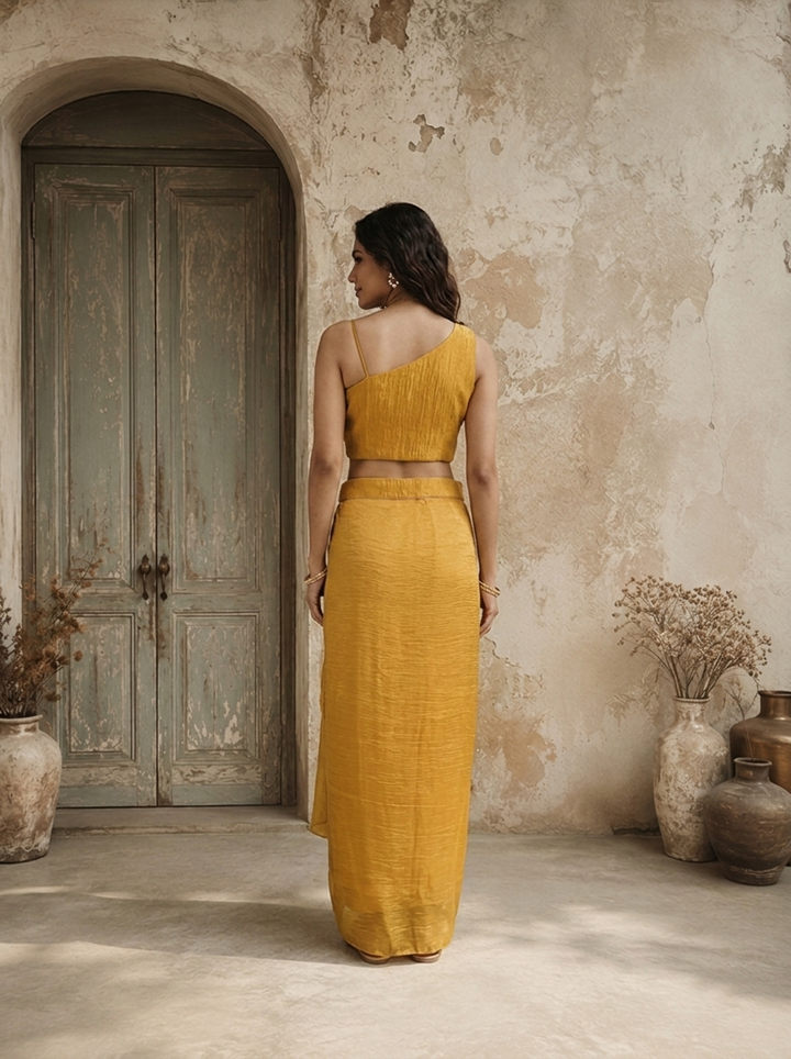 Mustard Tissue Floral Embroidered Three Piece Set