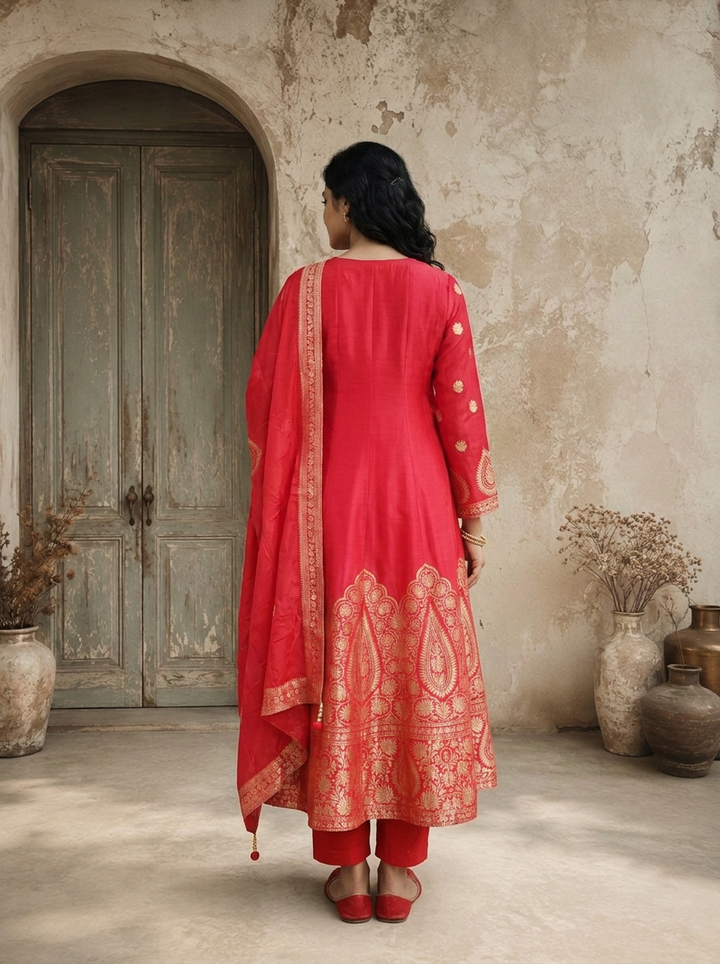 Rani Pink Silk Ethnic Weaved Three Piece Set