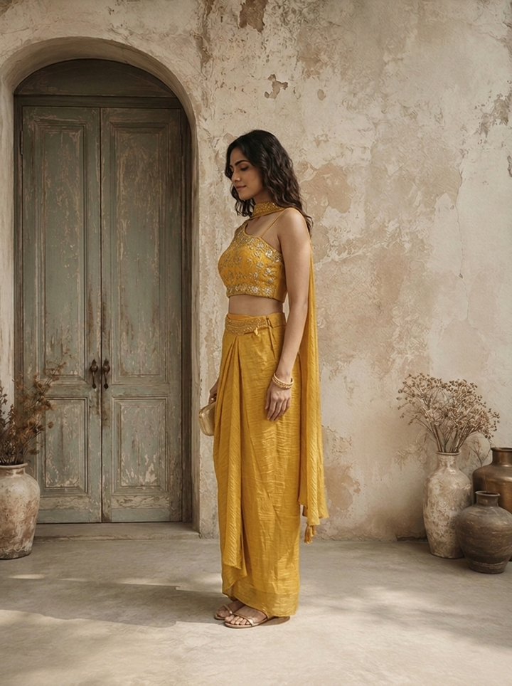 Mustard Tissue Floral Embroidered Three Piece Set