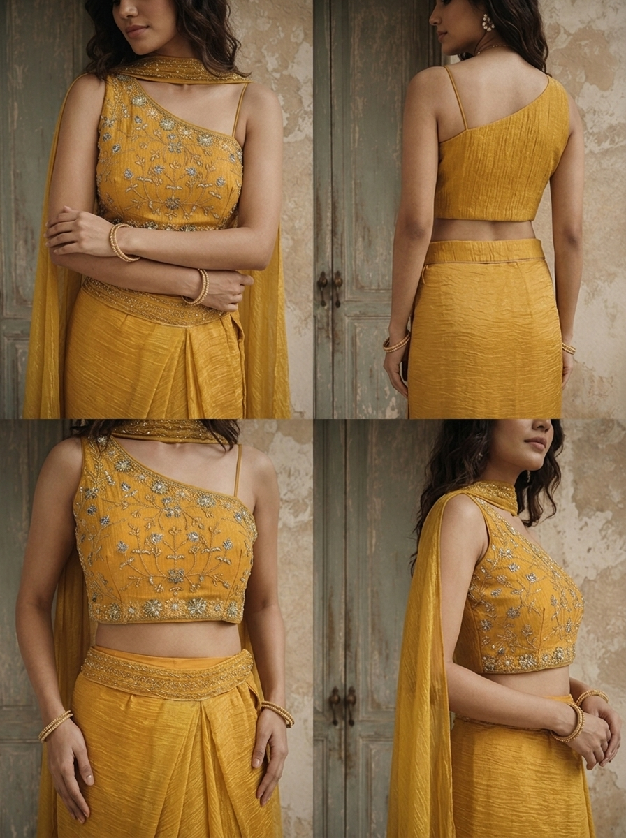 Mustard Tissue Floral Embroidered Three Piece Set