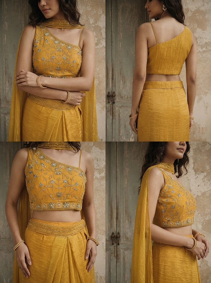 Mustard Tissue Floral Embroidered Three Piece Set