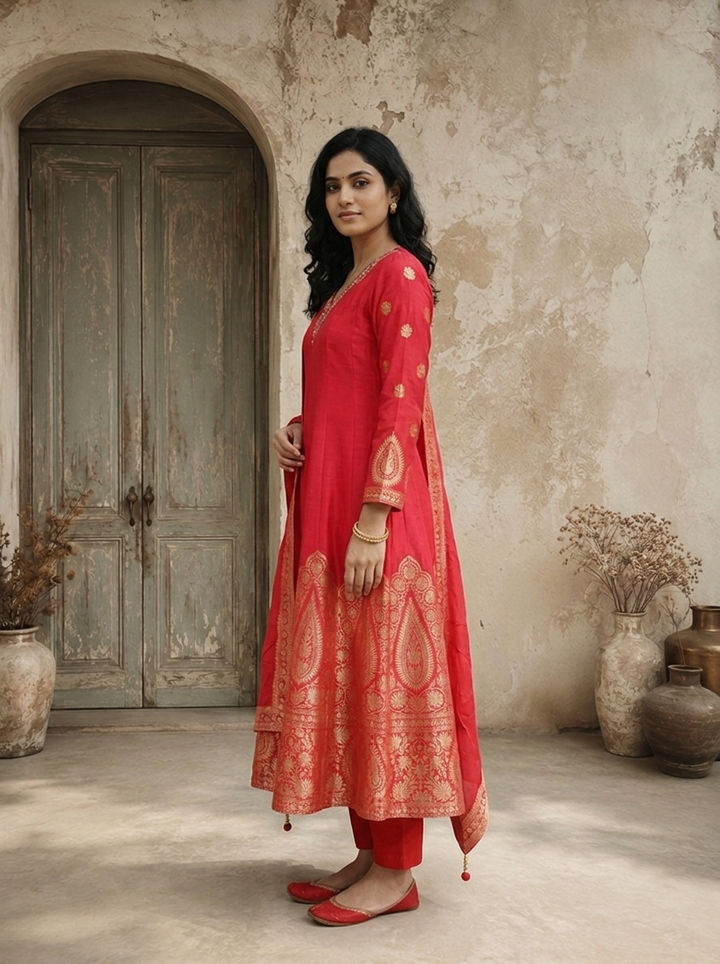 Rani Pink Silk Ethnic Weaved Three Piece Set